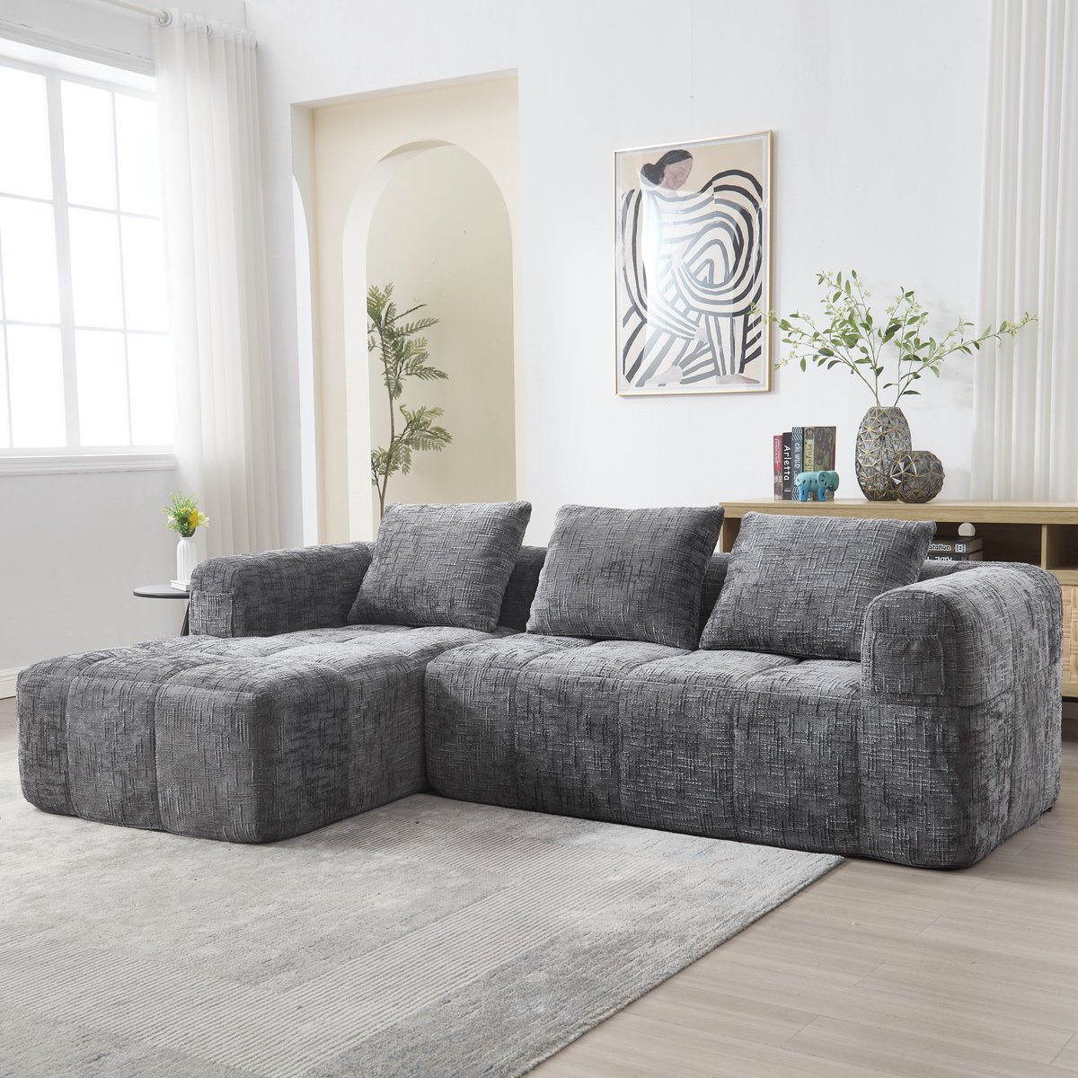 REDOM Hoekbank - 3-Zits Met Liggedeelte En Zijvakken - Chenille - Grijs - 250 x 158 x 60 cm