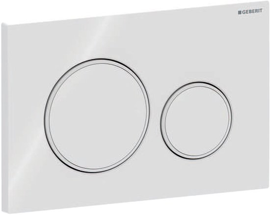 Witte Geberit Sigma20 bedieningsplaat met twee ronde spoelknoppen, grote en kleine, gezien vanuit een hoek.