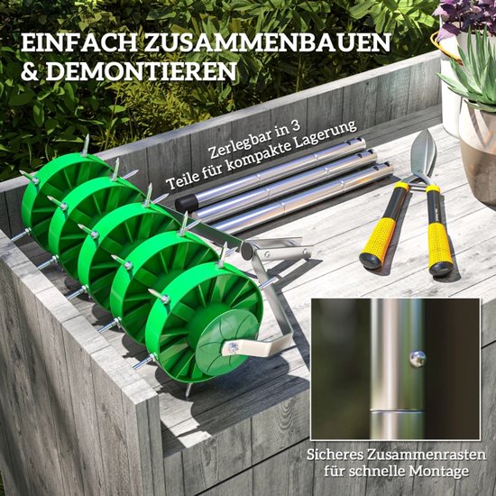 Gazonbeluchter - Handmatige Gras Beluchten - Gazon Beluchter - met 30 nagels - Prikrol - Verticuteerroller - Gazonprikker - Verticuteerhark met Steel - voor Verdichte Bodems en Grasvelden - Gardengear - Staal - Donkergroen van Merkloos	 — afbeelding 2