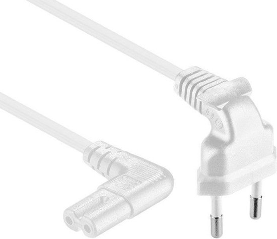 Witte kabel met haakse C7 connector aan de ene kant en haakse CEE 7/16 stekker aan de andere kant.