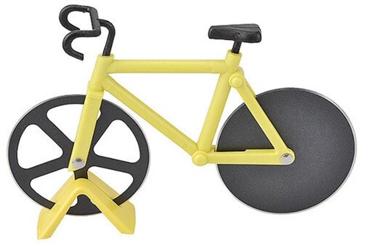 Pizzames fiets - Pizzasnijder - Pizza roller - Rolmes - Pizza snijden - Racefiets - Pizza knife bicycle - Kunststof en metaal - Inclusief standaard - Geel - Jonyx