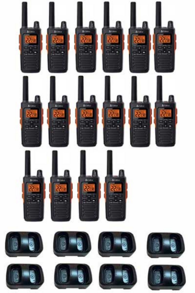 Set van 16 Cobra RX680 vergunning vrije portofoons PMR446 IP54 met tafellader
