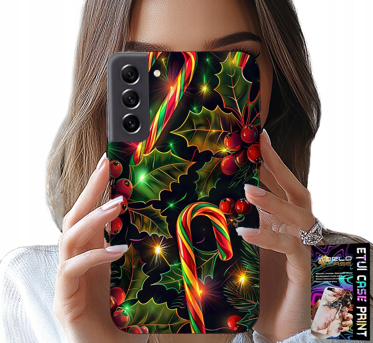HOESJE VOOR SAMSUNG GALAXY S21 FE - SUIKERSTOKJE, MARETOE, KERSTBOOM + GLAS