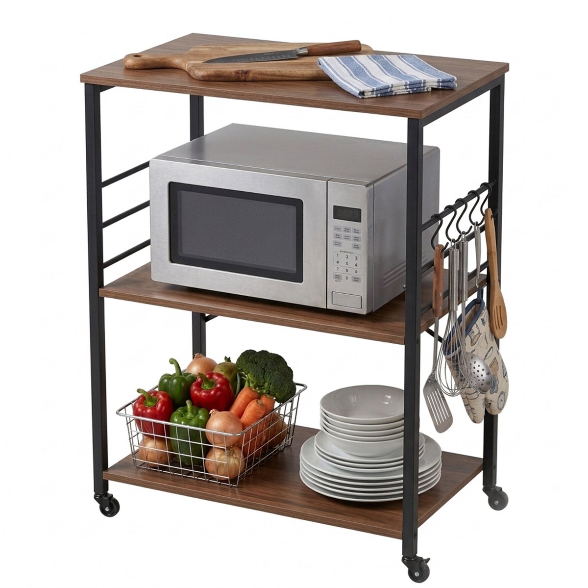 Keukentrolley - bruin - zwart - 60x89x40 cm - met wielen - met 2 planken