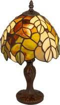 Tiffany tafellamp met glas-in-lood kap in herfsttinten groen, geel en bruin, op een donkerbruine voet.