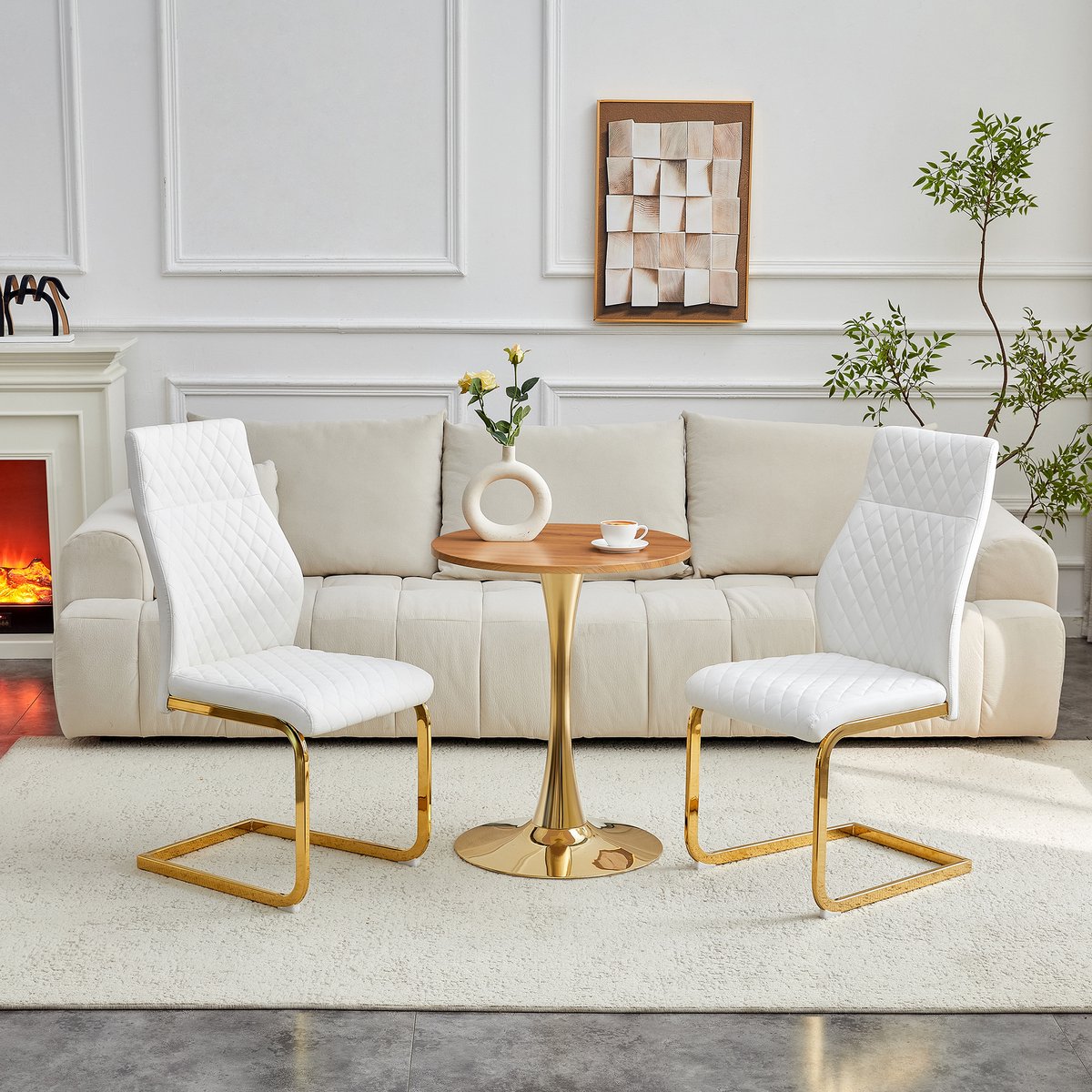 REDOM Tafel- En Stoelset - Ronde Tafel En 2 Stoelen - Modern - MDF, Metaal En PU-Leer - Wit, Goudkleurig En Houtlook - 60 Cm Wit + Goud, Hout