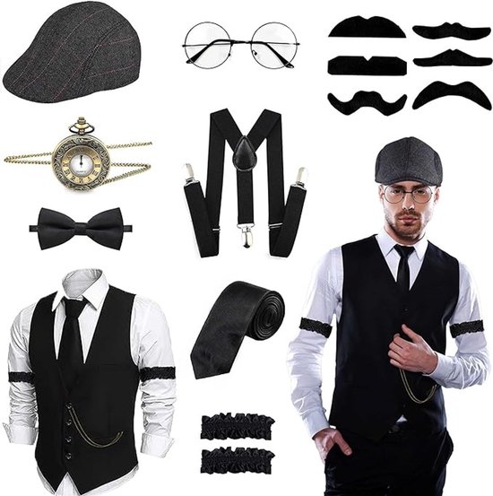 Costume Peaky Blinders - Costume de Carnaval - Style Rétro Années 1920 Avec Gilet Et Bretelles - 1 Pièce - Unisexe Pour Adultes Noir - L