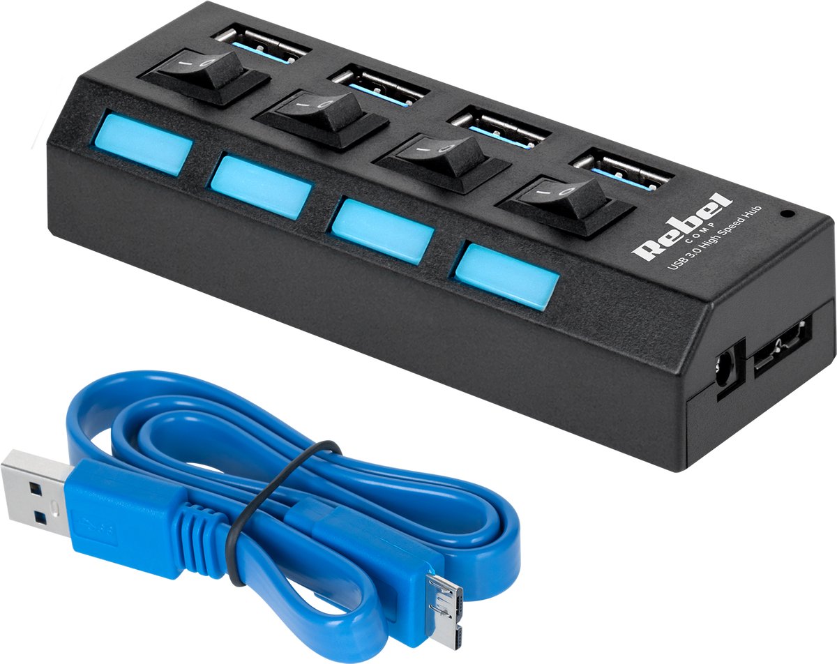 Rebel - USB 3.0 HUB - 4 USB-poorten - Snelle gegevensoverdracht - Compacte vormgeving