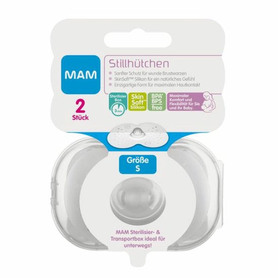 MAM tepelhoedjes maat S verpakt in een sterilisatiebox. "Skin Soft Silicone", "2 Stück".
