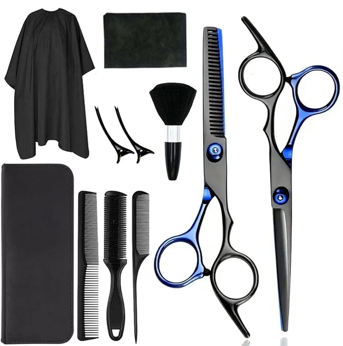 Kappersset 11-delig - Professioneel Kappersschaar Set - RVS Uitdunningschaar - Kammen, Spelden, Kappencape - Startset voor Kappers - Voor Dames, Heren & Kinderen - Zwart