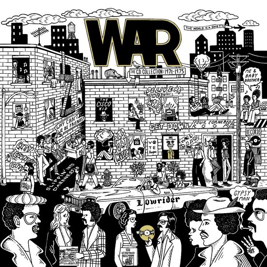 Albumcover met de titel "WAR THE C.D. COLLECTION 1971-1975". Zwart-wit tekening van een stadsscène met mensen en tekst "Lowrider".