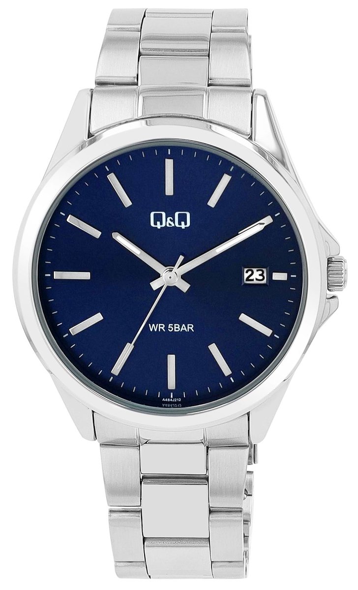 QQ model A484j212y-Herenhorloge -blauwe wijzerplaat-grote duidelijke wijzerplaat-5 bar waterdicht-zilverkleurig-staal-diameter 43mm