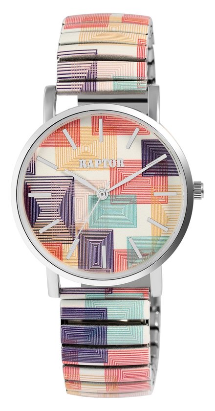 Zilverkleurig horloge met ronde wijzerplaat en gekleurd geometrisch patroon. Band van zilverkleurig metaal met dezelfde gekleurde patroonstroken.