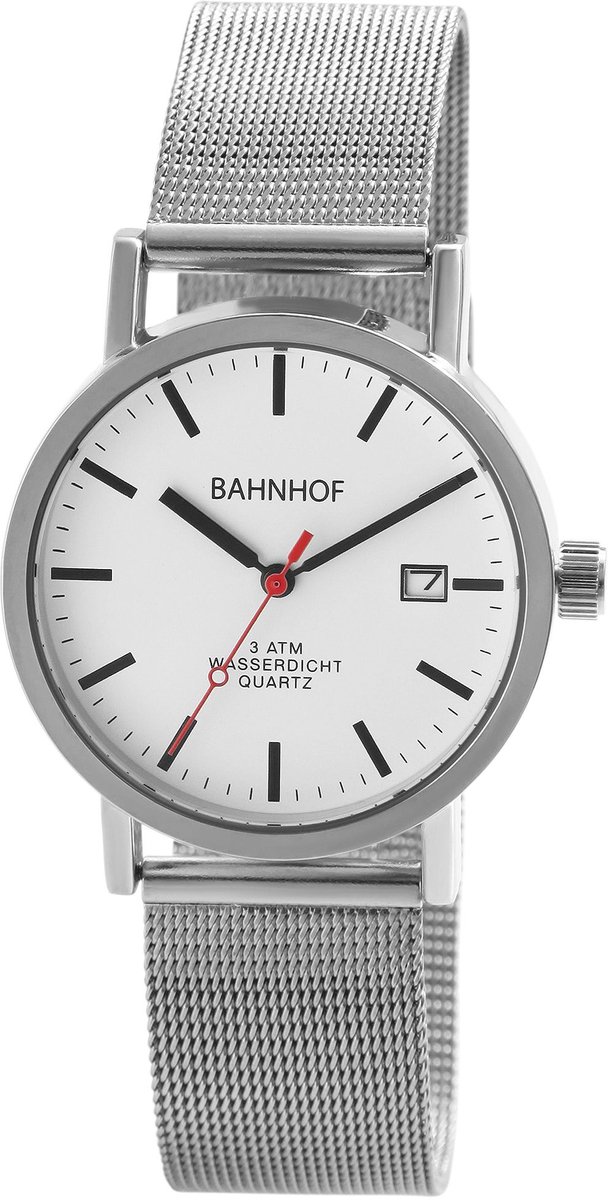 Bahnhof Treinstation Unisex Polshorloge 2310005 Stationsklok met Milanese band van roestvrij staal,
