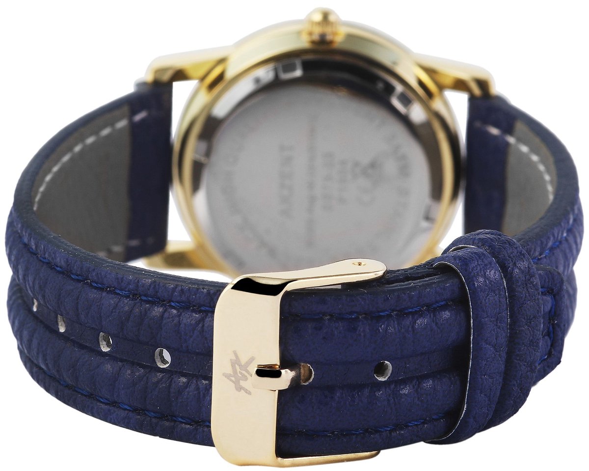 Akzent-model 1900273-003-Dameshorloge-donkerblauwe band-goudkleurig-duidelijke wijzerplaat-3 atm waterdicht-diameter 29 mm