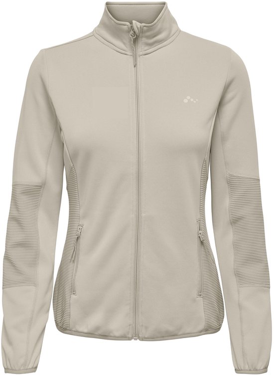 Beige fleece jas met rits aan de voorkant en geribbelde inzetten op de mouwen.