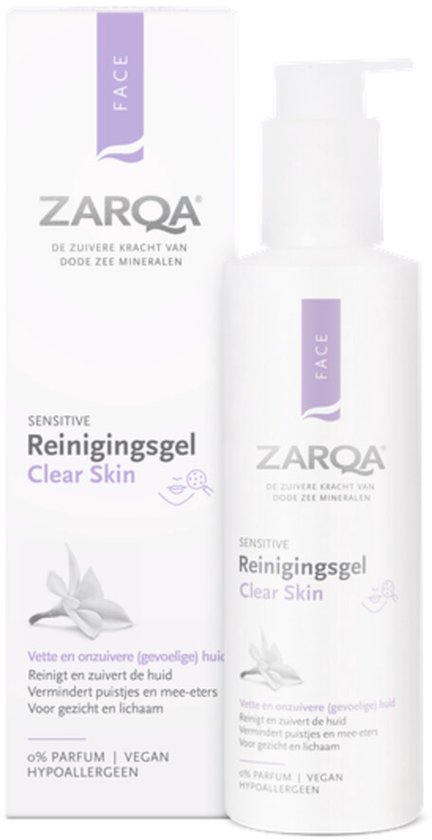 ZARQA Clear Skin reinigingsgel in een witte pompflacon met paarse accenten. Op de voorkant staat een witte bloem.