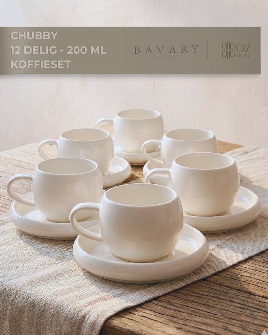 Bavary Chubby Tasses à café & thé avec soucoupe 12 pièces - 6 personnes - Porcelaine - Wit - 200 ml - Design Chubby rond - Résistant au lave-vaisselle - Ensemble de tasses à café