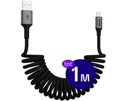 Buddi Flex | Uitrekbare USB-A naar Lightning Krul Kabel 12W Fast Charge 5V/2.4A | 480Mbps Dataoverdracht | Gevlochten Elastisch Nylon | Krulsnoer | Spiraalkabel | Voor in de auto | 1M Zwart