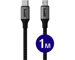 Buddi Flex | USB-C naar Micro-USB Kabel 12W 5V/2.4A | 480Mbps Dataoverdracht | Gevlochten Nylon | 1M | Zwart