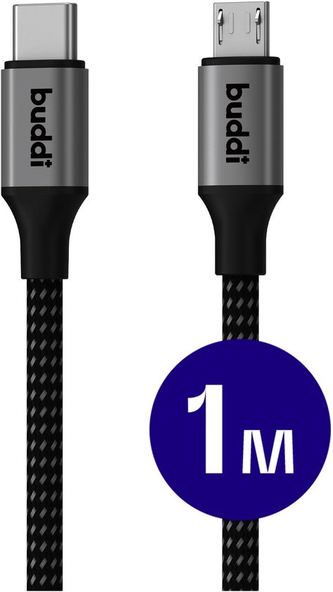 Buddi Flex | Câble USB-C vers Micro USB 12 W 5 V/2,4 A | Transfert de données 480 Mbps | Nylon tressé | 1 M | Noir