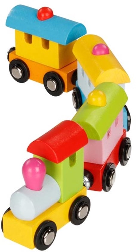 Train: TRAIN avec COUPLEUR MAGNÉTIQUE Turin L28cm, bois coloré, locomotive + 2 wagons, en boîte, 3+