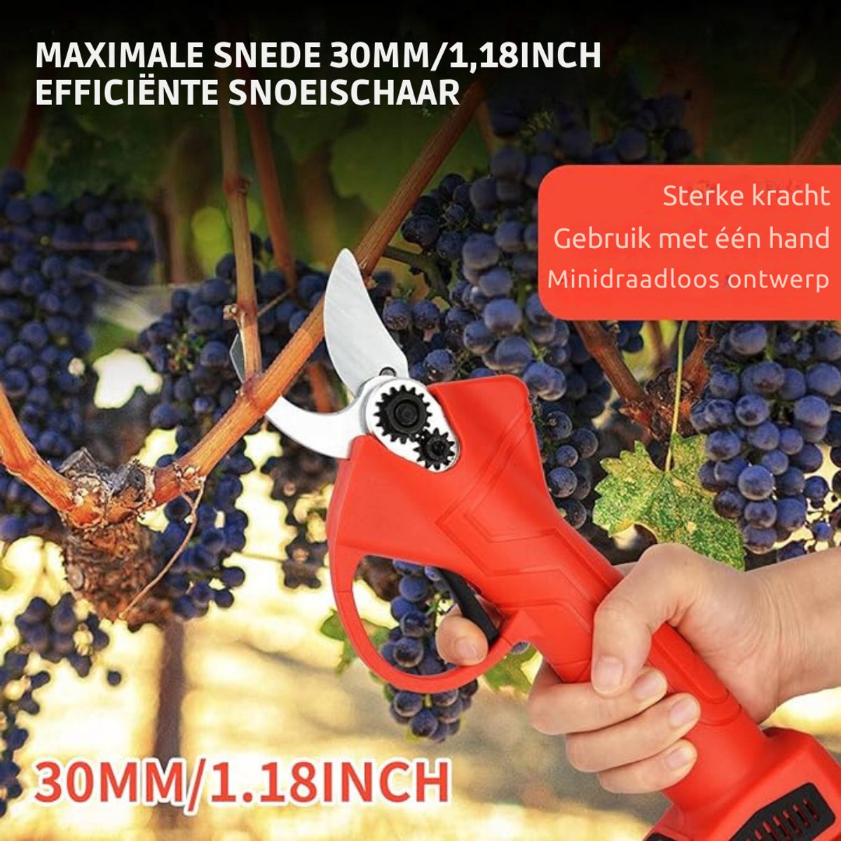 Zyrex® Elektrische Snoeischaar Incl. Opbergkoffer, 2 Accu’s en Meer - Professioneel Heggenschaar op Batterij - Draadloos Elektrisch Takkenschaar - Rood/Zwart - 10 cm x 3 cm x 30 cm thumbnail 3