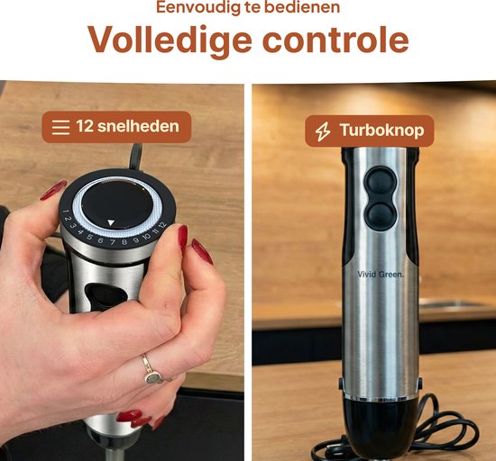 Staafmixer 5-in-1 Set - 1000W - Vaatwasserbestendig - Incl. Hakmolen, garde, melkopschuimer & Maatbeker - 12 Snelheden + Turbofunctie - RVS - Vivid Green
