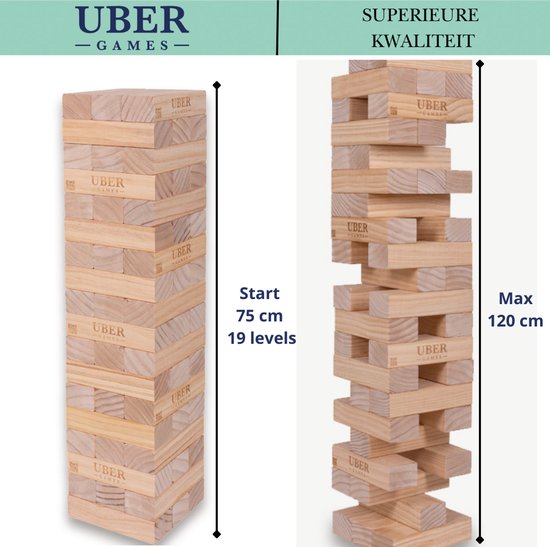Houten stapeltoren, beginhoogte 75 cm, 19 levels. Maximale hoogte 120 cm.