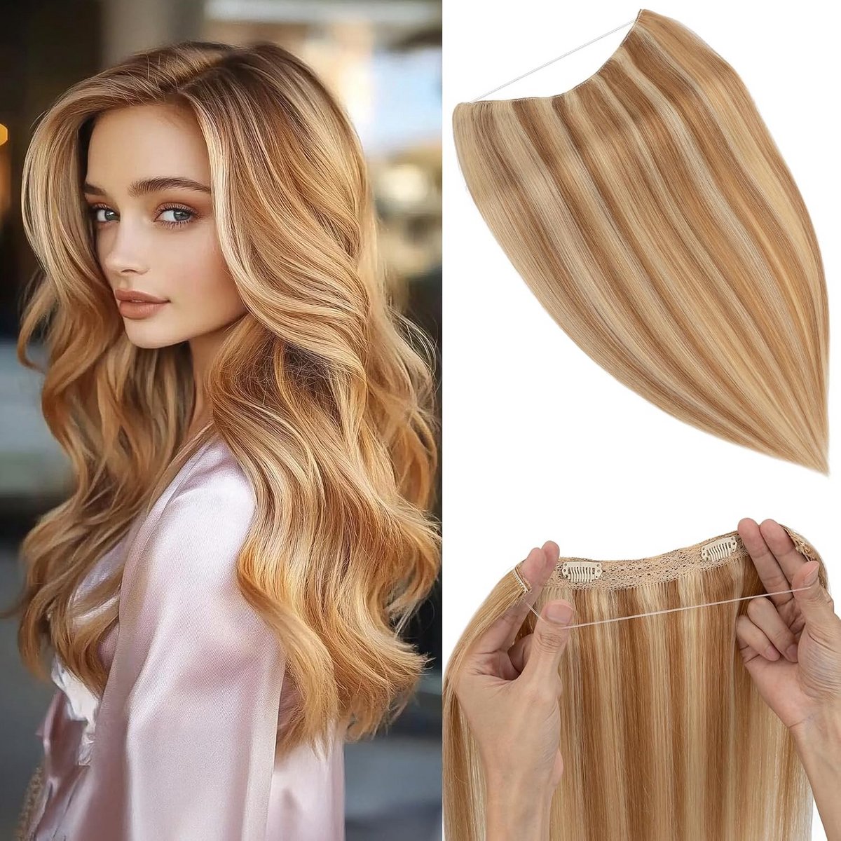 Onzichtbare Echthaar Hair Extensions met Draadloze Bevestiging - 40CM