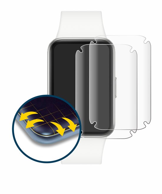 Twee transparante schermprotectors op een witte smartwatch met witte band.