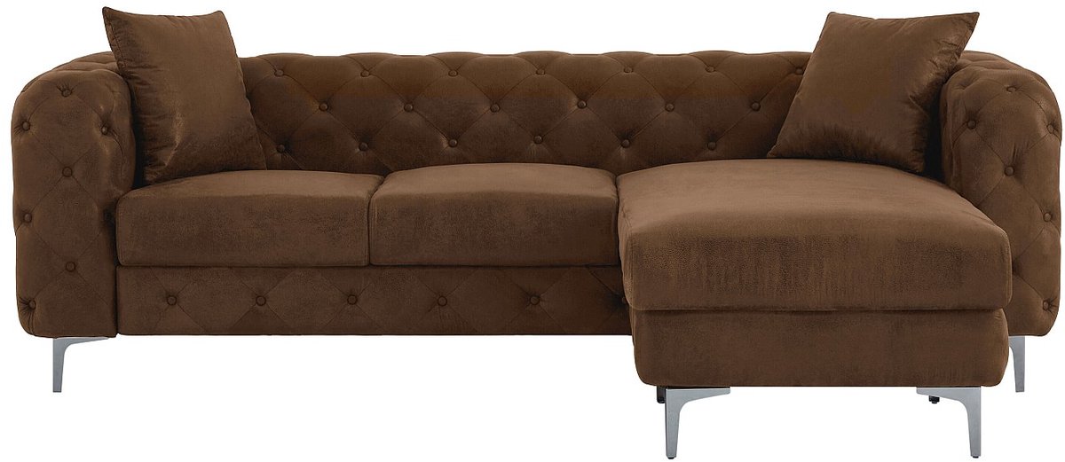 Vente-unique Omkeerbare chesterfield hoekbank in microvezel met vintage bruinleren look EDWINA