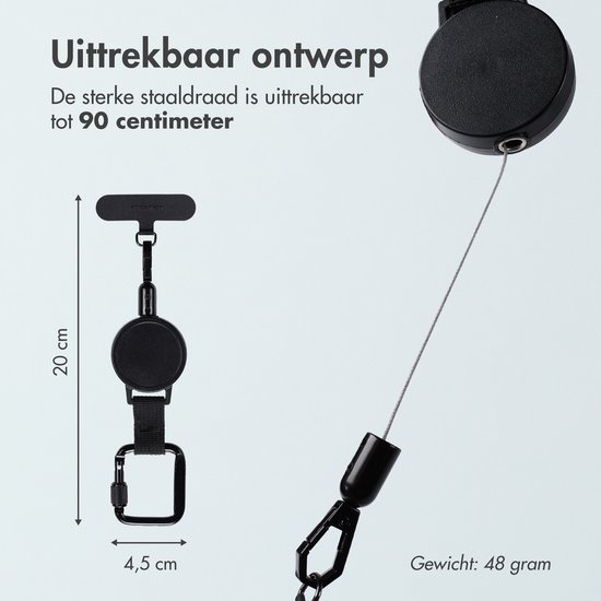 Zwarte intrekbare telefoonkabel met een stalen kabel tot 90 cm. Afmetingen van de kabel zijn 20x4,5 cm. Gewicht is 48 gram.