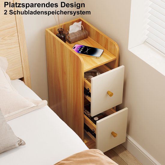 Nachtkastje - Smal bruin kastje - 2 lades - 30x20x58cm Ruimtebesparend opbergmeubel geschikt voor slaapkamers en woonkamers Modern interieurontwerp