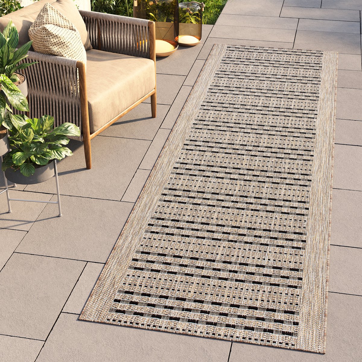 Tapiso Melissa Loper Laagpolig Beige Bruin Indoor Outdoor Vloerkleed Maat- 100x650