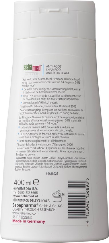 Achterkant van witte Sebamed Anti-Roos Shampoo fles, 400 ml. Met ingrediëntenlijst.