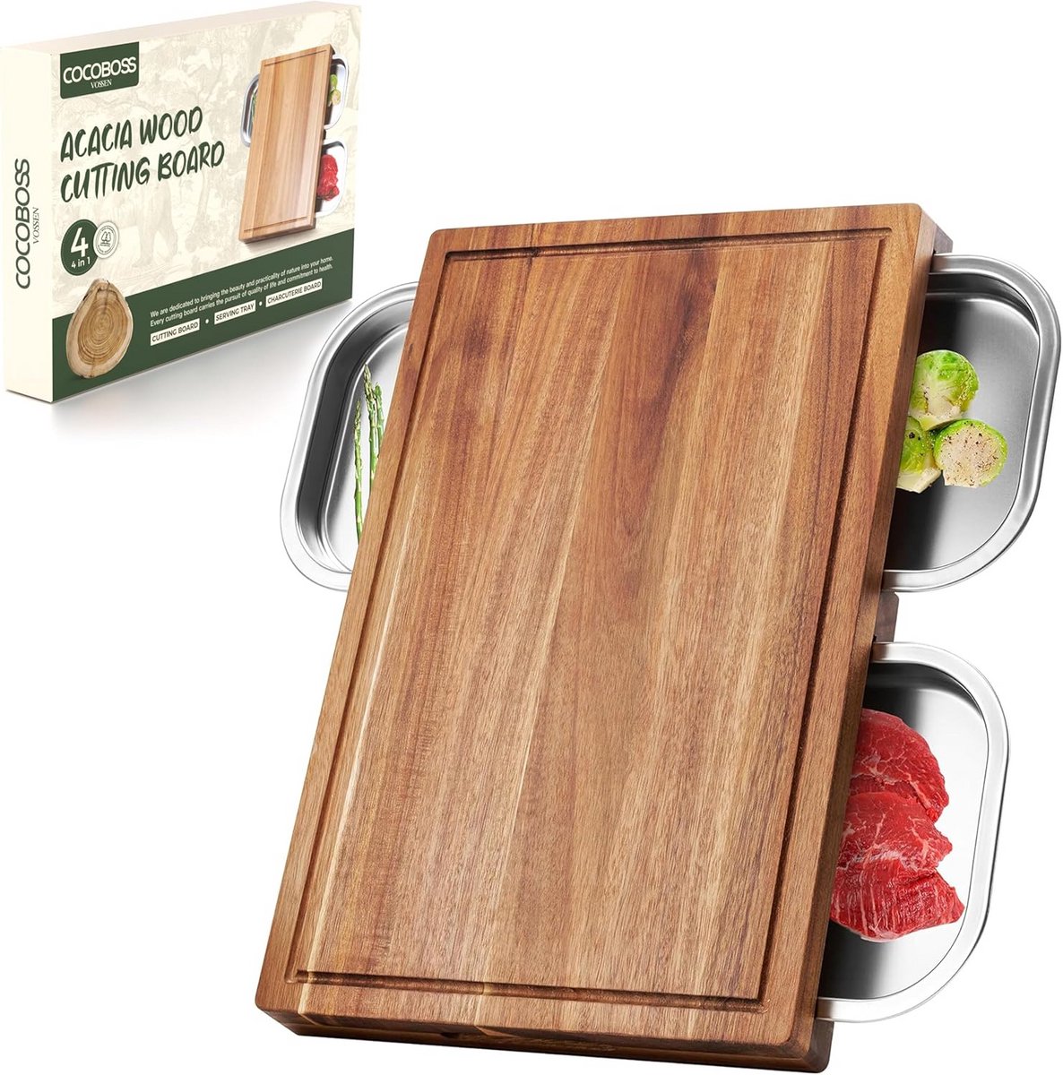Grote Houten Snijplank met Opvangbak en Drie Losse Bakjes
