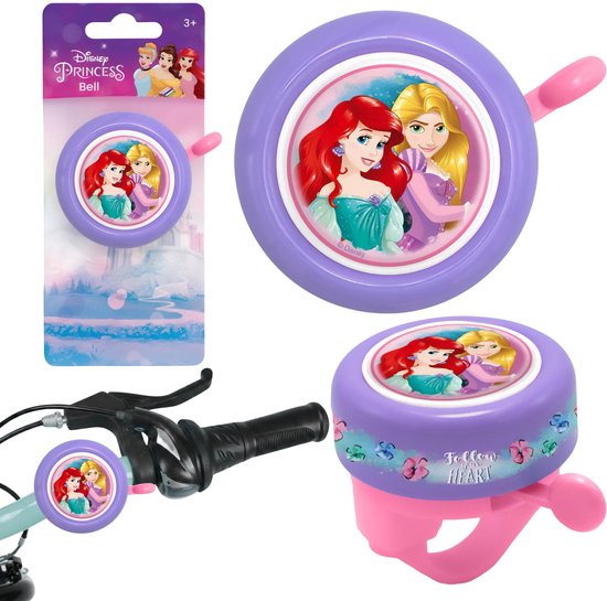Collage van Disney Princess fietsbelproducten, verpakking en op fiets.