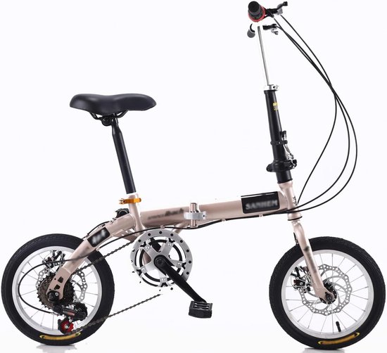 Lichtroze vouwfiets met zwarte zadel, stuurbuis en velgen. Merknaam 'SASNEN' op het frame.