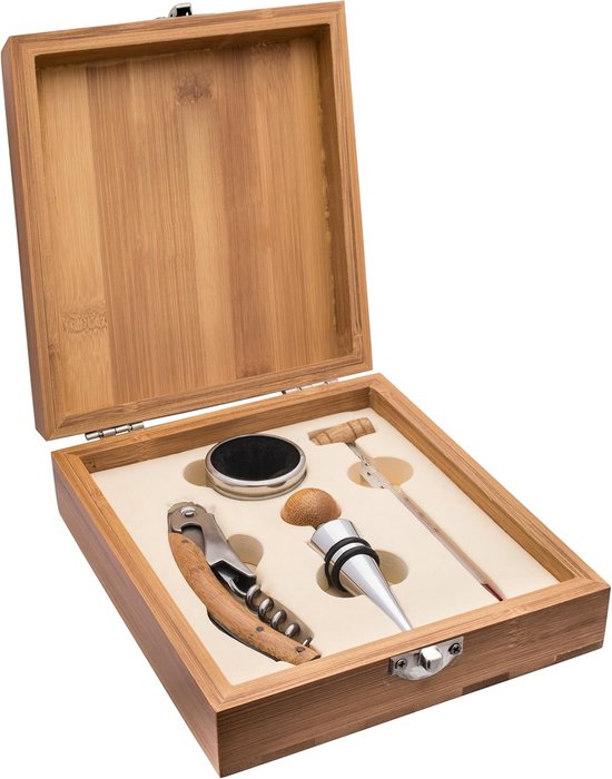 WMF Baric Sommelier 5-Piece Corkscrew Film Cutter Bottle Cap Wine Pourer Bottle Opener in Walnut Box Black