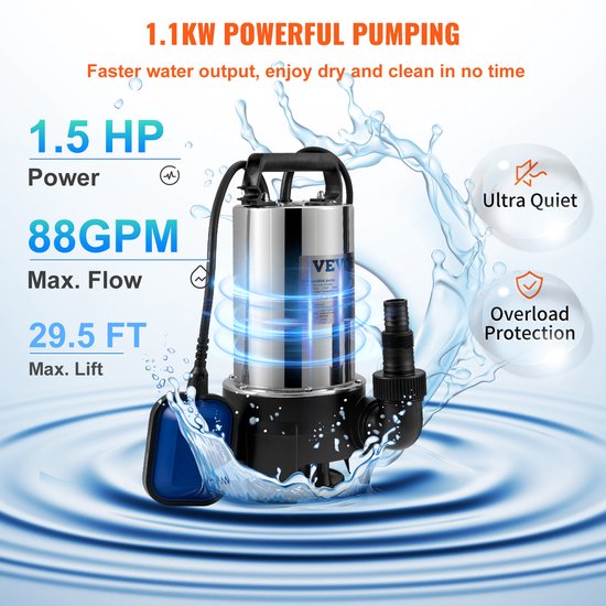 VEVOR Dompelpomp 1100w Vuilwaterpomp 230v Tuinpomp Debiet 333,3l/Min Vuilwater Pompen Ipx8 Uitlaat Kan Worden Afgesneden Om Water Uit Zwembaden van Vevor — afbeelding 5