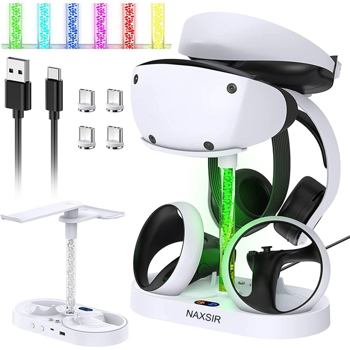 NAXSIR - Oplaadstation voor PS VR2-controllers, RGB-verlichting, met 4 magnetische Type-C-adapters