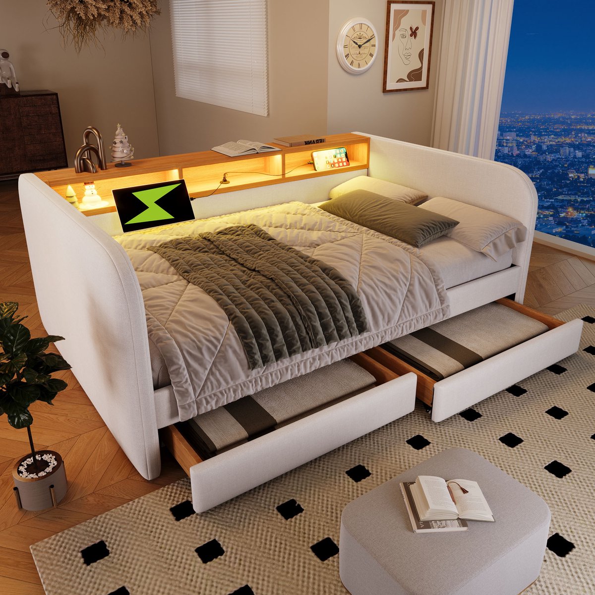 PHOEBE CAT Gestoffeerd bed - 140x190 cm - LED-verlichting - USB/Type-C - 2 lades - Linnen 