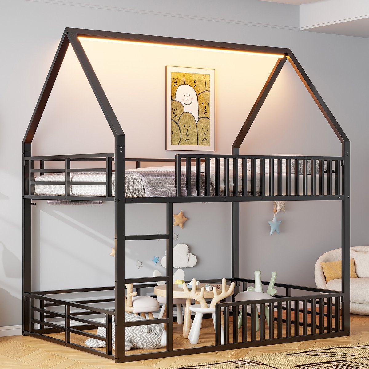 Wishdor Huisstapelbed 140x200 cm – Hekwerk en LED-verlichting – Metalen Frame – Zwart