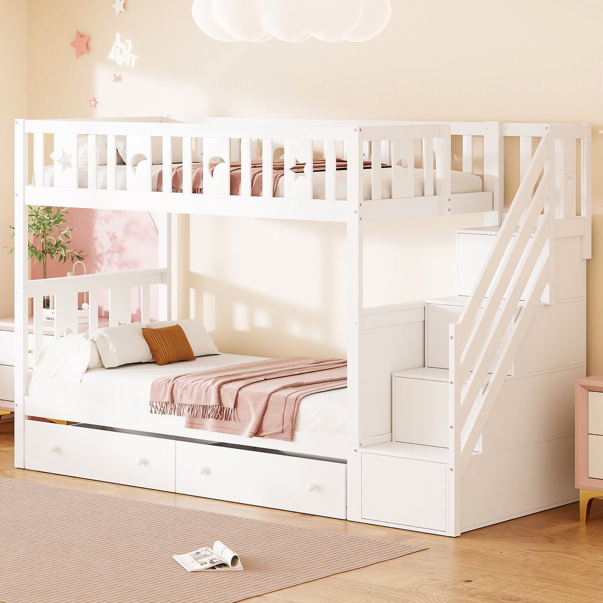 Wishdor Kinderstapelbed 90x200 cm – Opbergladder – Ster en Maan Motief – 2 Lades – Massief Hout – Wit