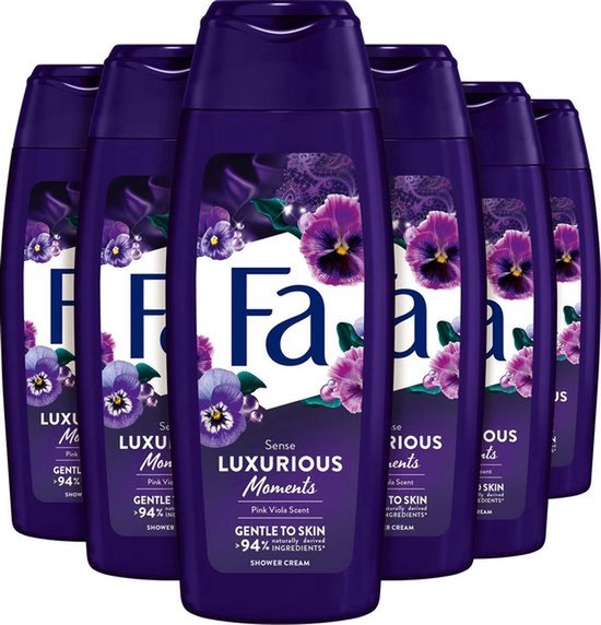 Fa Luxurious Moments douchecrème in een voordeelverpakking van 6 flessen, met paarse viooltjes.