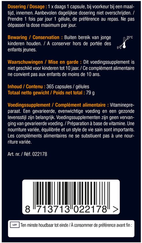 Achterkant van de verpakking van Lucovitaal Vitamine D3 capsules, met dosering, waarschuwingen en ingrediënten.