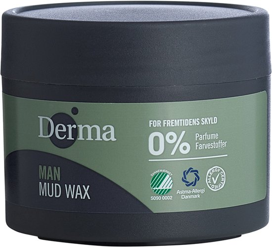 Petit pot noir Derma MAN MUD WAX avec étiquette verte, 0% parfum.