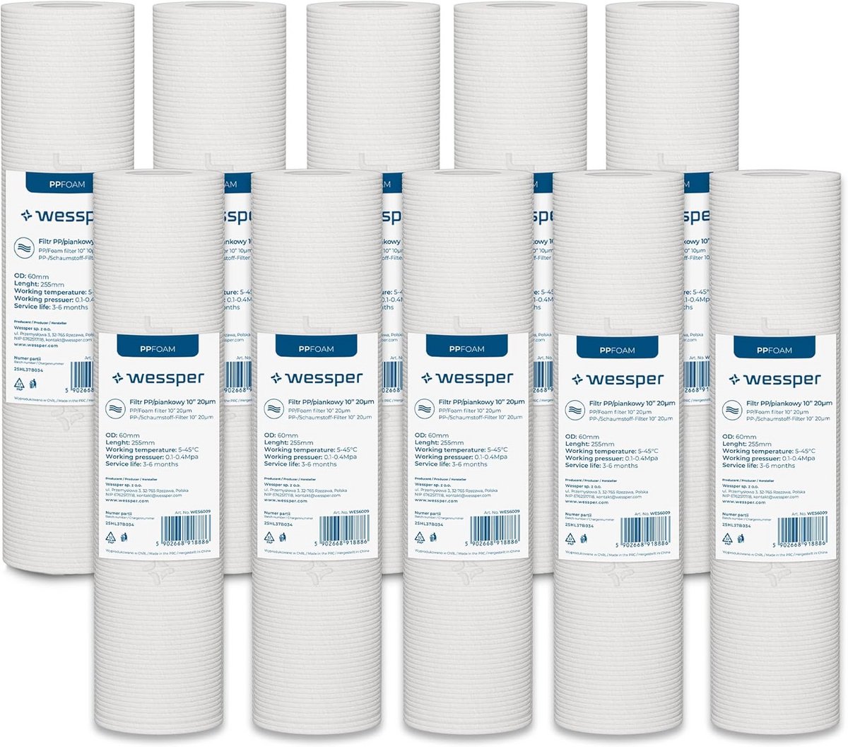 Waterfilter voor Omgekeerde Osmose 20 Micron Schuimvoorfilter 10 Inch - 10 Stuks