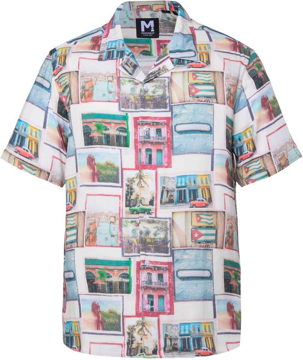 Men Plus - Heren - viscose overhemd korte mouwen all-over print Cubaanse kraag - Sneeuwwit - Maat L